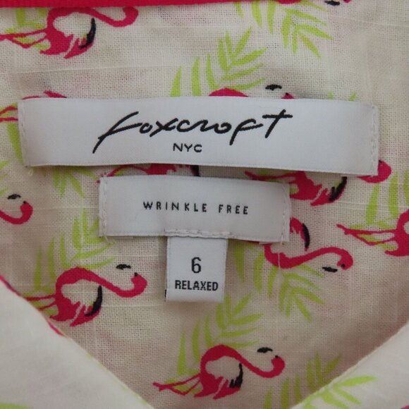 Foxcroft Women 6 Pink Flamingo Green Palm Leaf Collared Button Shirt Top Blouse - Picture 8 of 12